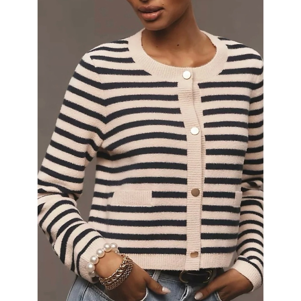 NEW NVLT Womens Cardigan Knit Lady Jacket Size S Navy Beige Preppy Office